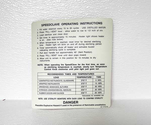 Label, Operating Instructions, Midmark M7 SpeedClave Part