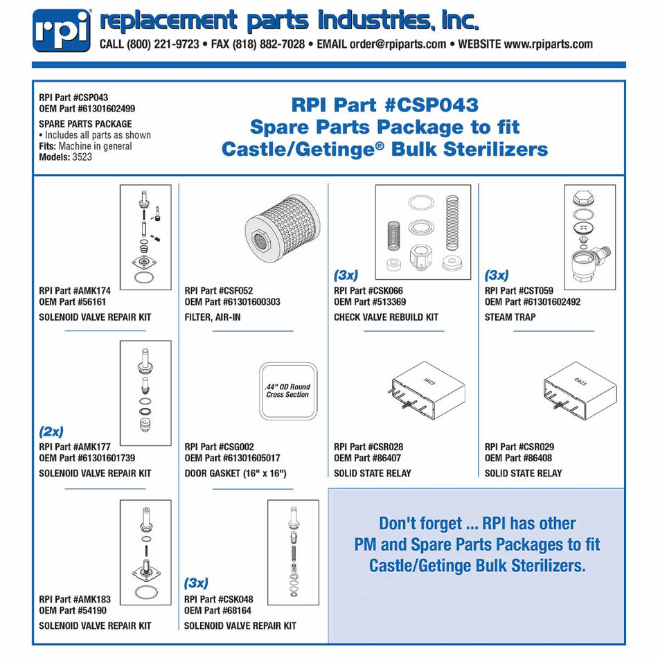 Parts, Spare Package Getinge/Castle Sterilizer Part:61301602499/CSP043