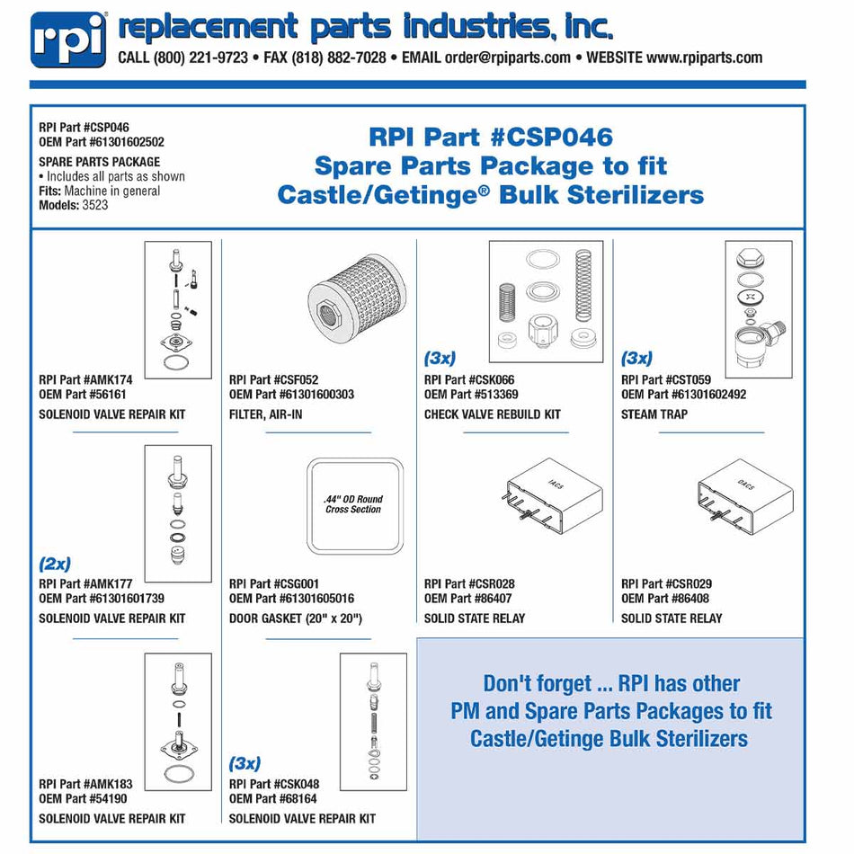 Parts, Spare Package Castle Sterilizer Part:61301602502/CSP0246