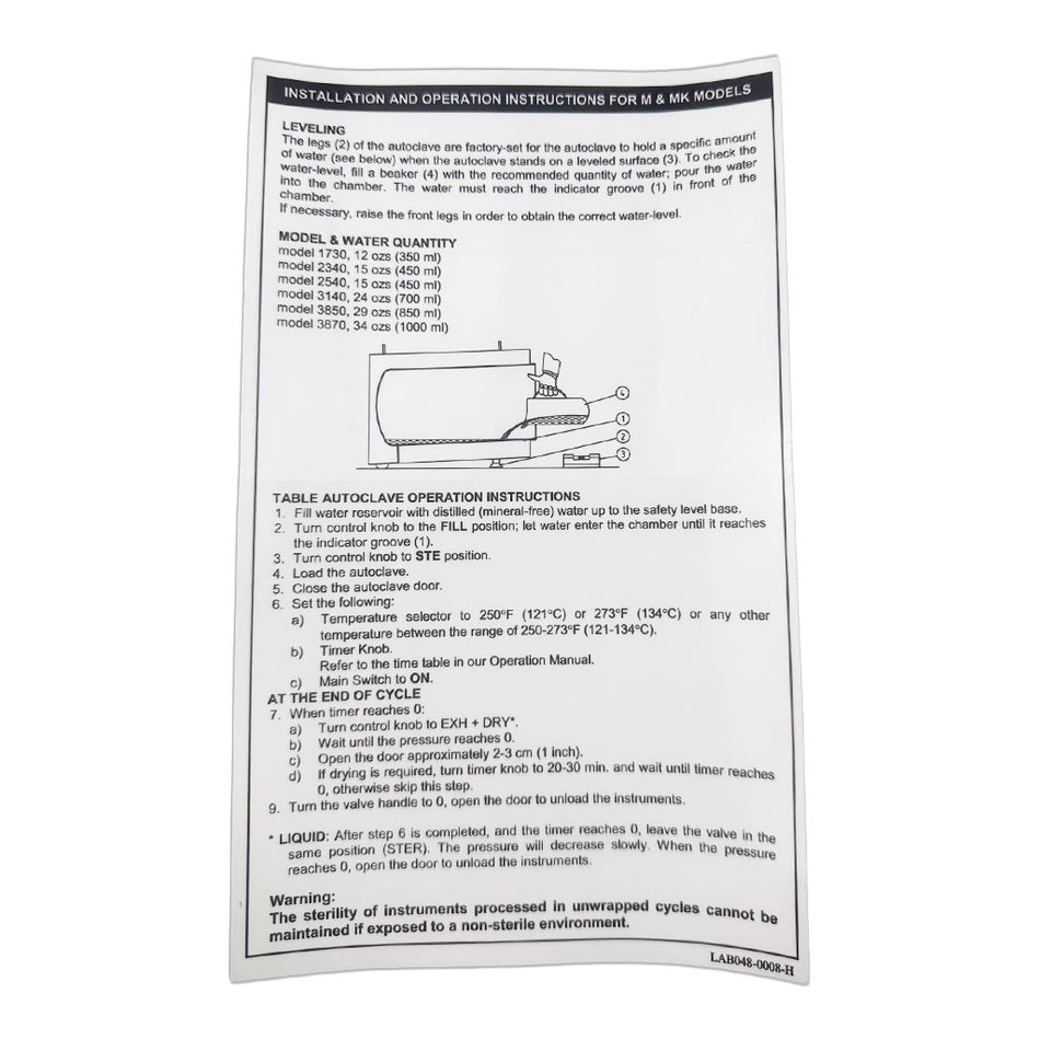 Label, Instruction M MK - Tuttnauer Manual Autoclave Part: 02350007